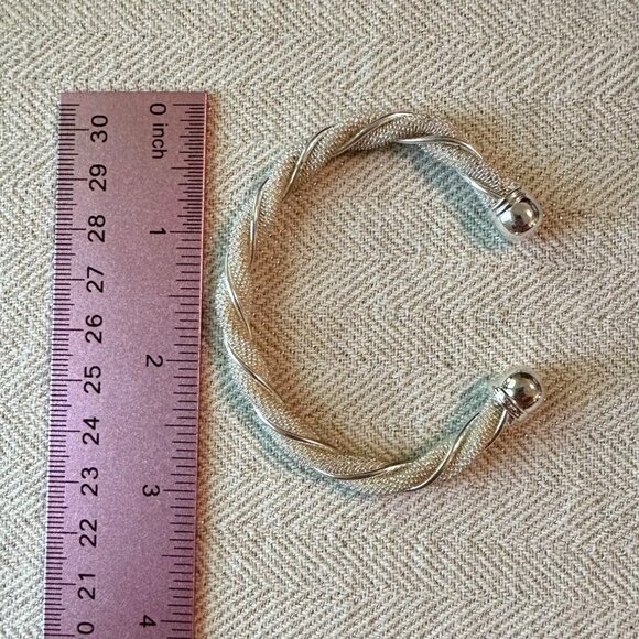 Silver-Tone Open Cuff Bracelet With Twisted Mesh Design & Polished End Caps - Picture 3 of 6